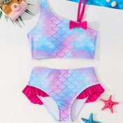 Resim Sevimli Kızlar için Denizkızı Kuyruğu Tek Parça Mayo, Fırfırlı Bikini Altı & Fiyonk Detaylı - Esnek, Makinede Yıkanabilir, Canlı Pembe & Mavi Balık Pullu Baskı, Havuz veya Plaj Eğlencesi için Mükemmel, Havuz Oyun Giysisi | Sevimli Su Temalı | Esnek Polyester Karışımı 