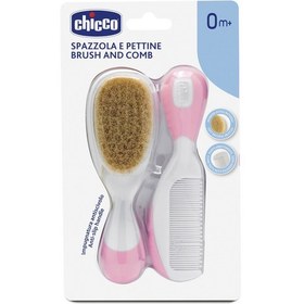 Resim Chicco Pembe Bebek Fırça Tarak Seti 0 ay+ keçi saçından doğal kıl 
