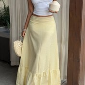 Resim Kadınların Yüksek Bel Tatil Etekleri - Sarı, Katlanabilir Tasarım, Polyester, Bahar/Yaz Tatilleri İçin Mükemmel, Rahat Dışarı Çıkışlar İçin Çok Yönlü Maxi Etek, Maxi Etek 