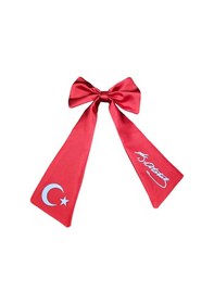 Resim Ay Yıldız Atatürk İmzalı Fiyonklu Kırmızı Saç Tokası Kırmızı 