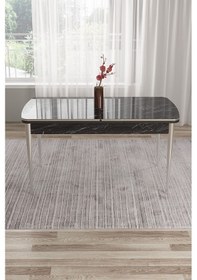 Resim Canisa Tia Serisi, Siyah Mermer Desen 80x132 Açılabilir Mdf Mutfak Masa Takımı 6 Kahve Sandalye Gümüş Detay Masa Siyah Mermer Sandalye Cappucino 
