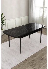 Resim Canisa Exve Serisi 80x132 Açılabilir Siyah Mermer Desen Masa Takımı Ve 6 Krem Sandalye Masa Siyah Mermer Desen Sandalye Krem 