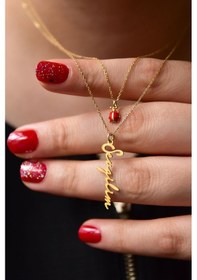 Resim Papatya Silver 925 Ayar Gümüş Altın Kaplama Uğur Böceği ve Sevgilim Yazılı Asansörlü Kolye 