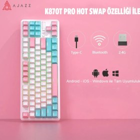 Resim CoverZone Ajazz K870T Pro Kablosuz Hot Swap Mekanik Oyun Klavyesi Rgb - 10 Adet Switch, Tuş ve Switch Sökme Aparatı Hediyeli - Beyaz Red Switch 