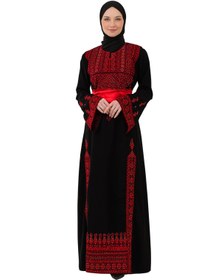 Resim Zaytoon Tesettür Elbise Filistin Nakışlı Modern Siyah Kaftan Geleneksel Şıklık Gold 