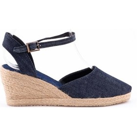 Resim Topuğu Açık Bilekten Bantlı Dolgu Topuk Bayan Kot Mavi Keten Hasır Espadril Mavi 