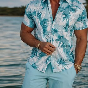 Resim Erkekler için Tropikal Hawaii Gömleği - Kısa Kollu, Düğmeli, Yeşil Yapraklı Desenli, Yaz Plaj Tatilleri İçin Mükemmel, Rahat Hawaii Stili, Hawaii Parti Süsleri 