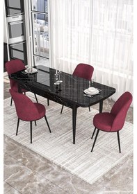 Resim Canisa Kor Serisi 70x114 Açılabilir Mutfak Masası Takımı Siyah Mermer Desen Masa 4 Bordo Sandalye Masa Siyah Mermer Desen Sandalye Bordo 