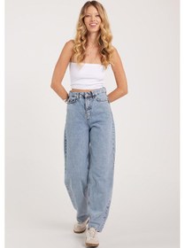 Resim Tudors Kadın Regular Fit Klasik Kesim Baggy Pamuklu Geniş Paça Açık Mavi Jean Pantolon-39513 
