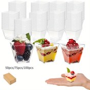Resim 50/75/100 Adet Şeffaf Kare Tatlı Kapları - Sağlam Tabanlı Çok Amaçlı PS Plastik Mini Kaseler, Puding Jöle Dondurmalar Katman Partileri Evlilikler Doğum Günleri İçin Zarif Modern Servis Tabakları, 60ml / 2oz Hacimli Dayanıklı ve Üstüne Yığılabilir Bulaşık Makinesine Uygun (Mikrodalga & Derin Dondurucuya uyumlu) Paslanmaz Ve Farklı Mutfak Eşyalar İçin, Çiftlikteki Komersiyel kullanım İdeal, Çeşitli İkramlar Atıştırmalar için 
