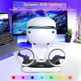 Resim Playstation VR2 için Şarj Standı, Çok İşlevli Dikey PS VR2 Kulaklık ve Sense Denetleyicileri 10 RGB Işık Modlu Şarj Yuvası İstasyonu, PSVR Depolama Tabanlı Oyun Aksesuarları. 