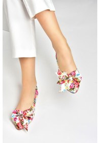 Resim Beyaz/kırmızı Saten Kumaş Çiçek Baskı Kadın Babet H726809004 Beyaz - Kırmızı 