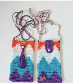 Resim Kemzey Handmade Wayuu Telefon Çantası, El Yapımı Örgü Telefon Çantası Mor - Mavi 