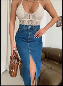 Resim LAMİRAMOOD Mavi Etek Yırtmaçlı Kot 