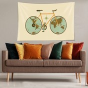 Resim Latibule Bej Bisikletli Dünya Desenli Leke Tutmaz Kadife Kumaş Duvar Örtüsü Duvar Halısı Tapestry 