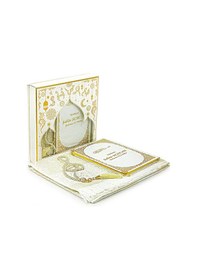 Resim Beyaz 50 Adet İsim Baskılı Deri Ciltli Orta Boy Yasin Kitabı Seccade Seti Mevlit Hediyesi 