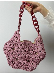 Resim El Örgüsü Çiçekli Kadın El Çantası 30x27 Cm Pembe 
