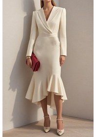 Resim Kadın Uzun Kollu Yakalı Belden Oturtmalı Midi Ithal Krep Elbise Beyaz 
