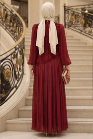 Resim N.S NEVA STYLE Dalga Desen Büzgülü Bordo Tesettür Abiye Elbise 5538BR 