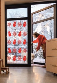 Resim kitchengenie ÖZELyıl Noel Temalı Vitrin Cam Kardan Adam Kar Tanesi ÖZEL sticker Kırmızı 69 Adet 