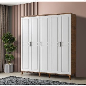 Resim GuneyStore Sport 5 Kapaklı Komple MDF Atlantik Çam-Beyaz Gardırop 