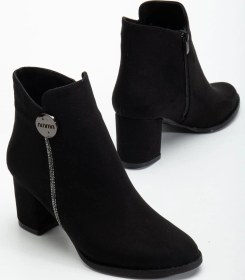 Resim Siyah Kadın Topuklu Bot Süet Taş Detaylı Yuvarlak Burun-4224 Siyah 