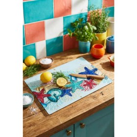 Resim Makri Home Deniz Kabukları Desenli Cam Kesme Tahtası 25×35 cm 