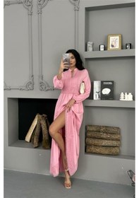 Resim Neşeli Butik Kadın Pembe Atlas Kumaş Dantel Detaylı Elbise Nbms2517 Pembe 
