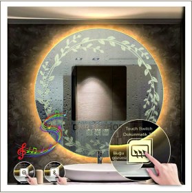 Resim Dnr-Mirror50 Cm Günışığı Ledli Tasarım Kumlamalı Dokunmatik Bluetoothlu Buğu Önleyicili Makyaj Banyo Aynası 