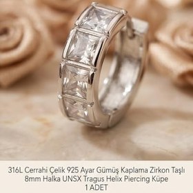 Resim 316L Cerrahi Çelik Gümüş Kaplama Tragus Helix Küpe Piercing Kararmaz Alerji Yapmaz Zirkon Taşlı Halka Küpe 8 mm Unisex Tekli Küpe Kadın Erkek Uyumlu Cartilage Kıkırdak Piercing 