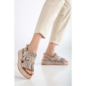 Resim Analin Shoes Kadın Deri Püsküllü Tokalı Sandalet - Taba 