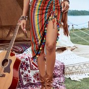 Resim Kadınların Renkli Çizgili ve Asimetrik Püskül Detaylı Canlı Etek - Yaz Müzik Festivali, Plaj Gezileri ve Günlük Giyim için Mükemmel, Etek Yüksek Bel, Canlı Kenar, Yaz için Mükemmel 