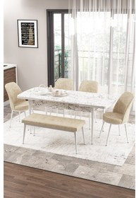 Resim Canisa Concept Zen Serisi 80x132 Mdf Açılabilir Beyaz Mermer Desen Masa Takımı 4 Krem Sandalye Ve 1 Bench Masa Beyaz Mermer Sandalye Ve Bench Krem 