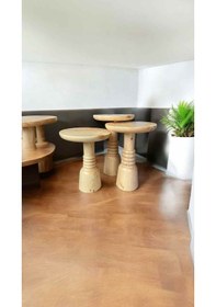 Resim Ahşap Mantar Sehpa 3lü Set Masif Doğal Naturel Renk Yan Sehpa Ve Zigon Takımı -mushroom Side Table Naturel 