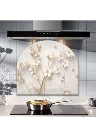 Resim Decorita Cam Ocak Arkası Koruyucu|Oval Şekilli|Beyaz Çiçek-Gold 