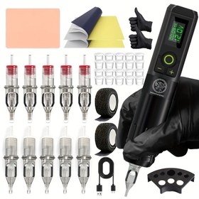 Resim Kablosuz Dövme Makinesi Tam Set Başlangıçlar İçin, Transfer Kağıtları ve Pratik Bej Renkli Tattoo Kalemi Kit'i, Şık Tutuşlu Kompakt Ergonomic Grip 