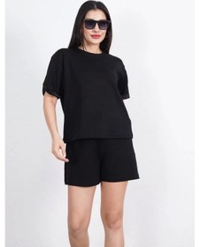 Resim Mzpkartan Osy Modal Yumuşak Dokulu Kumaş Kadın Bisiklet Yaka T-shirt Kısa Şort İkili Takım - Siyah Siyah 