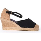 Resim Gerçek Elişi Siyah Bilekten Bantlı Topuğu Açık Keten Espadril Dolgu Topuk Handmade Siyah 