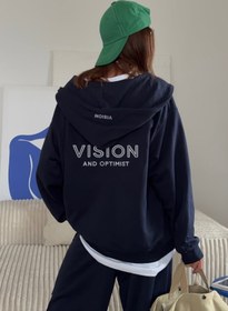 Resim Gia Collection Kadın Oversize Eşofman Takımı Vision Baskılı Lacivert - Kapüşonlu Fermuarlı, Bağcıklı Bel, Boru paça 