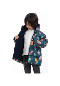 Resim Erkek Çocuk Polarlı Kapüşonlu Roket Desenli Kışlık Şişme Mont & Kaban & Parka-32 Lacivert 