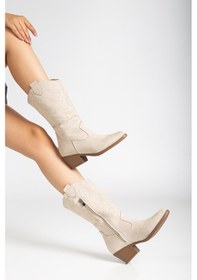 Resim Kovboy Soğuk Geçirmez Kışlık Kadın Çizme Vizon-Süet 