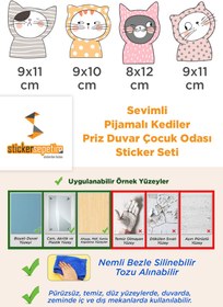 Resim Sevimli Pijamalı Kediler Dekoratif Çok Amaçlı Çocuk Odası Duvar Sticker, Priz Sticker - 9x11 cm / Renkli / Priz Sticker 