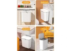 Resim 15 Litre Fonksiyonel Kapaklı Banyo ve Mutfak Tezgahüstü Çöp Kovası Dolap ve Duvar Aparatlı 15 Lt.,yerden Tasarruflu Lavabo Altı Veya Dolap Kapısı Için Kapasiteli Mutfak Çöp Kovası,askılı (Beyaz) 
