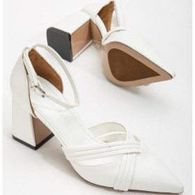 Resim Bilek Bağlı Fitilli Beyaz Büyük Numara Kadın Ayakkabı Topuklu-2674 - Beyaz 