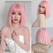 Resim Kadınlar için Pembe Bob Peruk - Düz Saç Şekilli Sentetik Peruğu, Pastel ve Allık Tonlarıyla Doşal Görünümlü Çizgi & Rahat Kullanım; Partilerdeki Halloween Maskeleri İl 