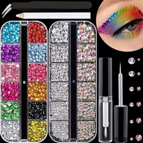 Resim Flat Back Rhinestone Kits Renkli Taşlar + Kristal AB ve Şeffaf Beyaz Taşlar Hızlı Kuruyan Makyaj Tutkalı + Seçici Kalem + Cımbız Tırnak Sanatı ve Yüz Makyajı için 