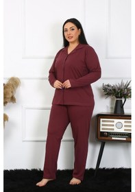Resim Akbeniz Kadın Büyük Beden Pamuklu Cepli Düğmeli Mürdüm Pijama Takım 202401-mürdüm Mürdüm 
