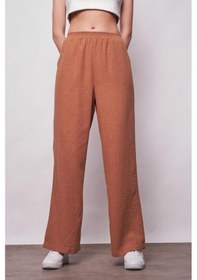 Resim JUMENT Keten Yüksek Bel Beli Lastikli Yan Cepli Bol Paça Pantolon -camel 