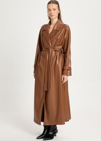 Resim minaaise Kadın Kahverengi Oversize Astarsız Tam Boy Deri Trench 30022 