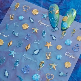 Resim 5D Kabartmalı Deniz Yaşam Tasarımı Tırnak Stickerları, Kendinden Yapışkan Yıldız Balığı ve Kabuk Tırnak Stickerları 
